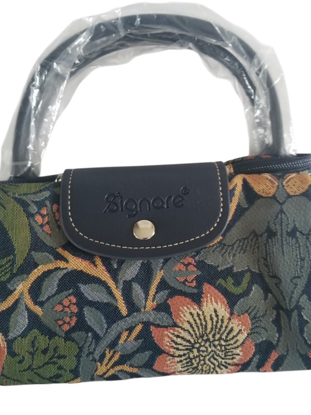 NWOT Signare Tapestry Foldable Shoulder Tote Green Floral  Zip Bag